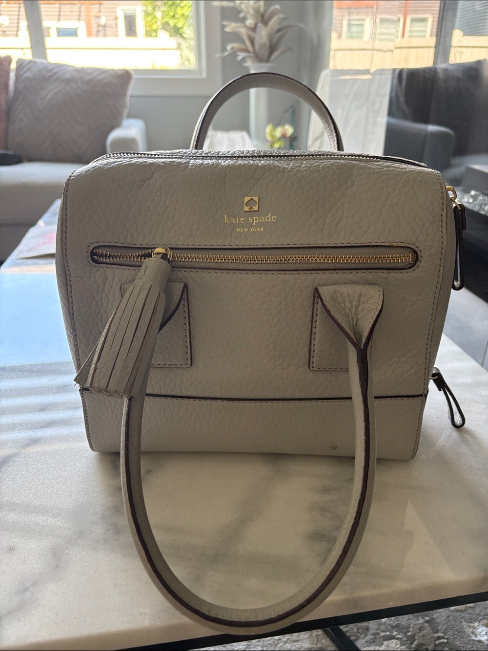 kate spade gray pebbled leather satchel with tassel